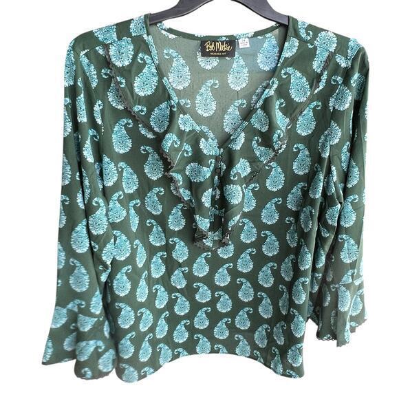 BOB MACKIE Art to Wear Green paisley Ruffle Loose Fit flare sleeves Plus Sz 2XL - Picture 1 of 6